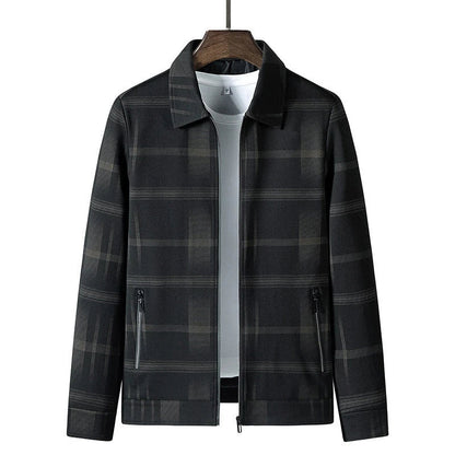 A stylish men's turn-down collar coat in a classic plaid design, perfect for autumn and winter wear.