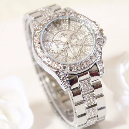 Ladies' Fashion Luxury Three-Eye Fully Bejewelled Crystal Large Dial Quartz Watch - Elegant, Crystal-Studded Timepiece with Stainless Steel Construction
