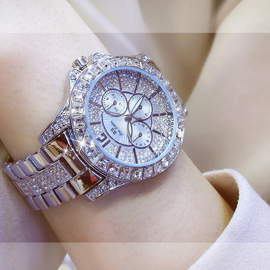 Ladies' Fashion Luxury Three-Eye Fully Bejewelled Crystal Large Dial Quartz Watch - Elegant, Crystal-Studded Timepiece with Stainless Steel Construction