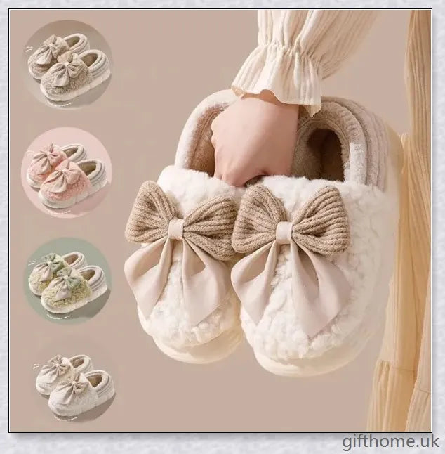 Pair of fluffy, bow-embellished slippers in a soft, suede-like material