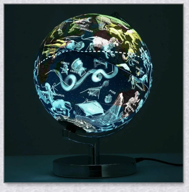 Floating interactive world globe with LED-illuminated constellation map, a sophisticated home decor and educational display