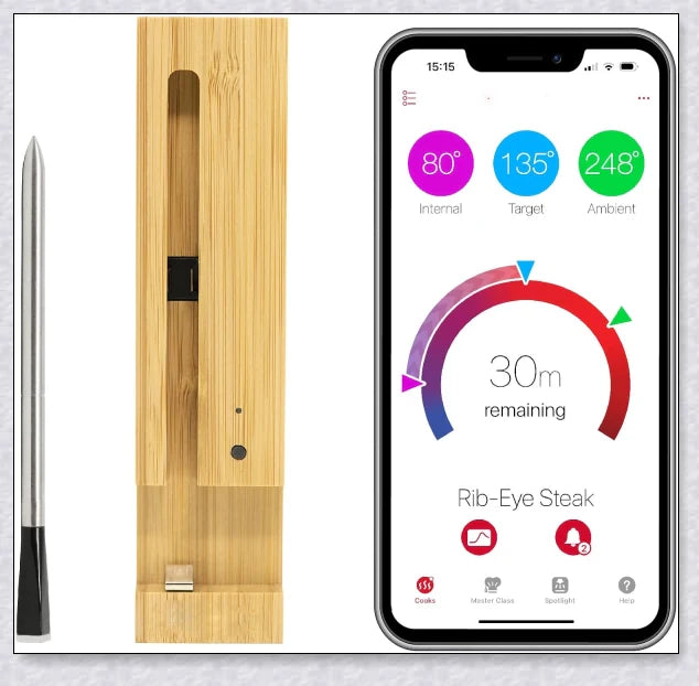 Wireless Smart Meat Thermometer with Bluetooth connectivity, dual sensors, and guided cooking system for precise temperature monitoring and delicious meals