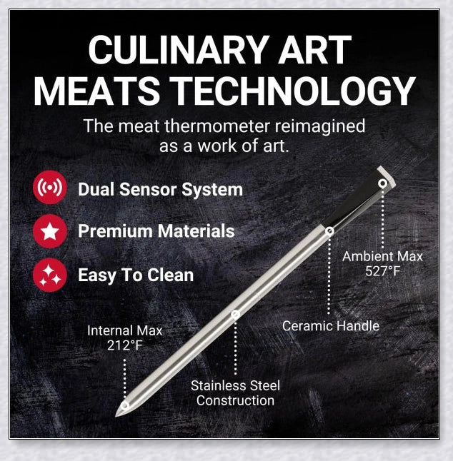 Wireless Smart Meat Thermometer with Bluetooth connectivity, dual sensors, and guided cooking system for precise temperature monitoring and delicious meals
