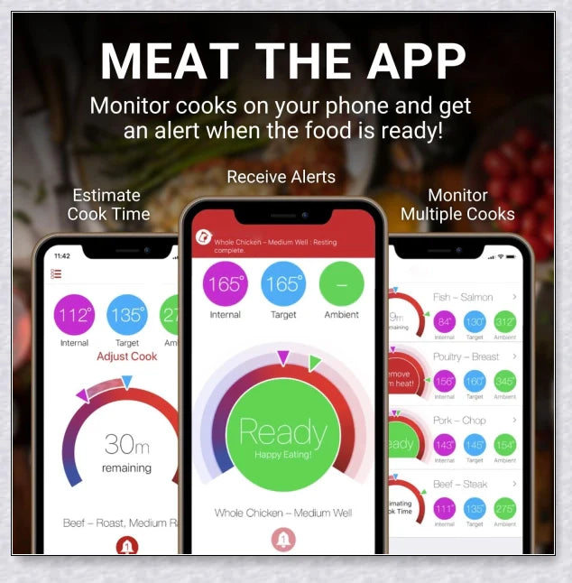 Wireless Smart Meat Thermometer with Bluetooth connectivity, dual sensors, and guided cooking system for precise temperature monitoring and delicious meals