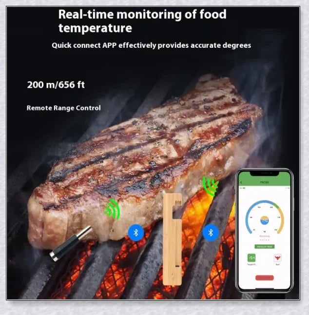 Wireless Smart Meat Thermometer with Bluetooth connectivity, dual sensors, and guided cooking system for precise temperature monitoring and delicious meals
