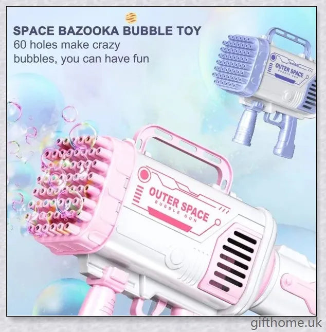 The Biggest Bubble Machine with 60 holes, featuring a rocket launcher-inspired design for creating a mesmerising display of clear, distinct bubbles.