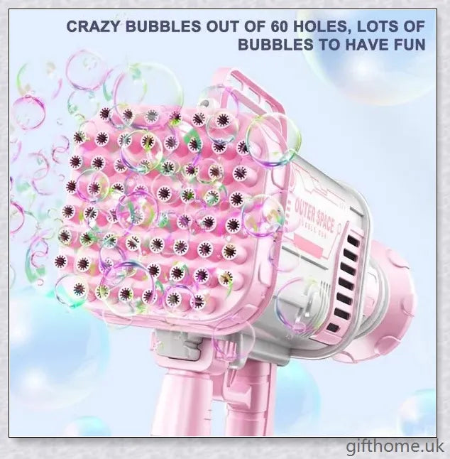 The Biggest Bubble Machine with 60 holes, featuring a rocket launcher-inspired design for creating a mesmerising display of clear, distinct bubbles.