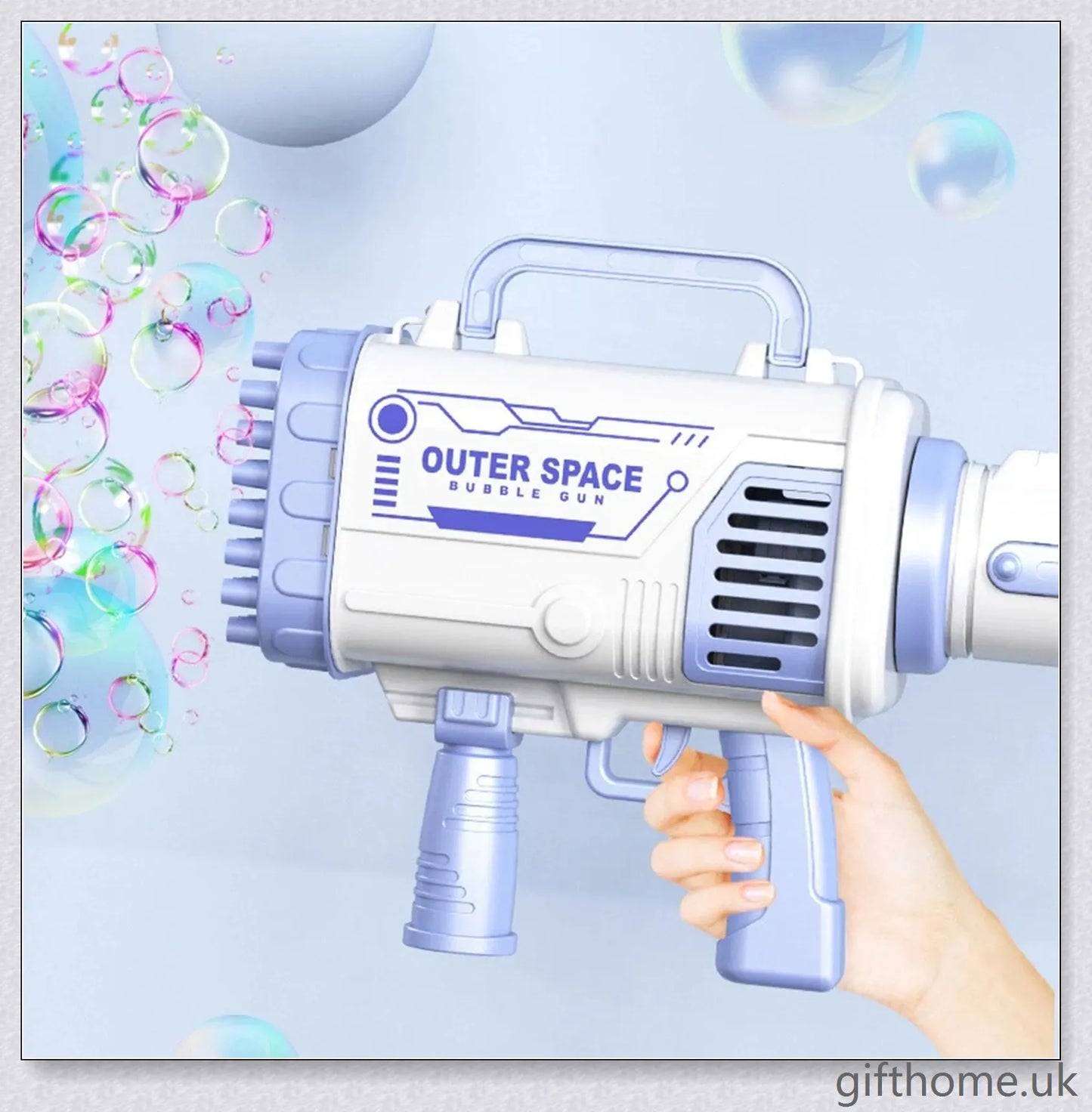 The Biggest Bubble Machine with 60 holes, featuring a rocket launcher-inspired design for creating a mesmerising display of clear, distinct bubbles.