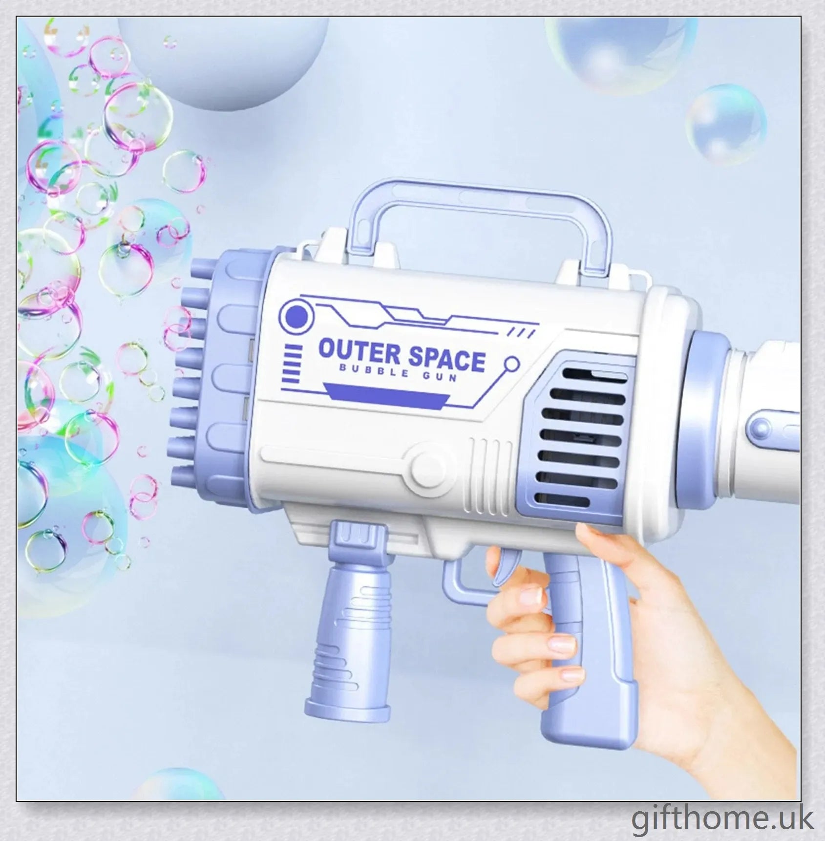 The Biggest Bubble Machine with 60 holes, featuring a rocket launcher-inspired design for creating a mesmerising display of clear, distinct bubbles.