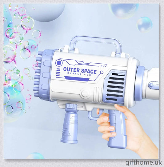 The Biggest Bubble Machine with 60 holes, featuring a rocket launcher-inspired design for creating a mesmerising display of clear, distinct bubbles.
