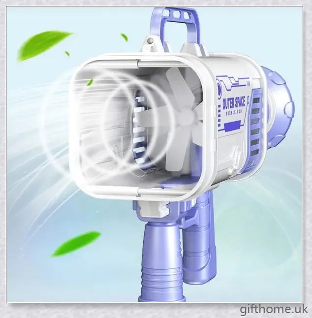 The Biggest Bubble Machine with 60 holes, featuring a rocket launcher-inspired design for creating a mesmerising display of clear, distinct bubbles.