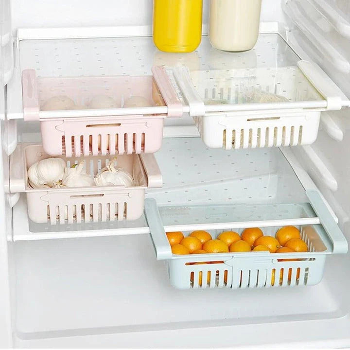Premium Fridge Organizer Basket in White - Adjustable, Durable Plastic Storage Solution for Refrigerators