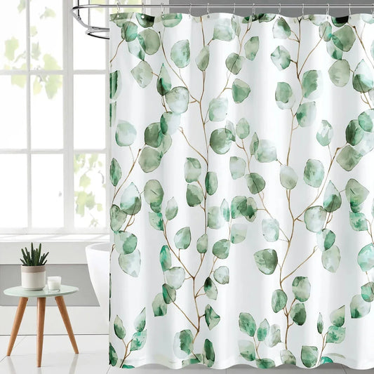 Green Leaves Waterproof Bath Curtain with vibrant leaf pattern, made of durable polyester fabric and featuring rustproof metal grommets for easy installation