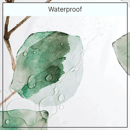 Green Leaves Waterproof Bath Curtain with vibrant leaf pattern, made of durable polyester fabric and featuring rustproof metal grommets for easy installation