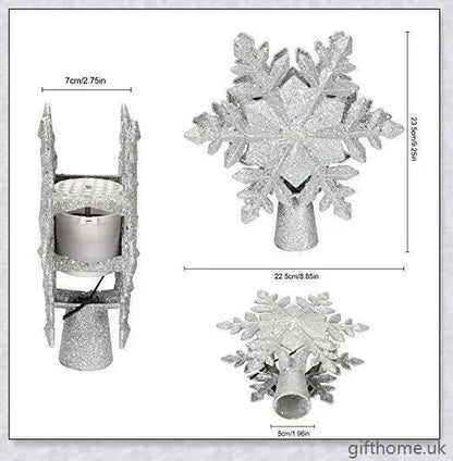 A Christmas tree topper with a 3D star design, flashing powder, and a built-in LED projector that casts rotating multicolour patterns, creating a magical winter wonderland effect.