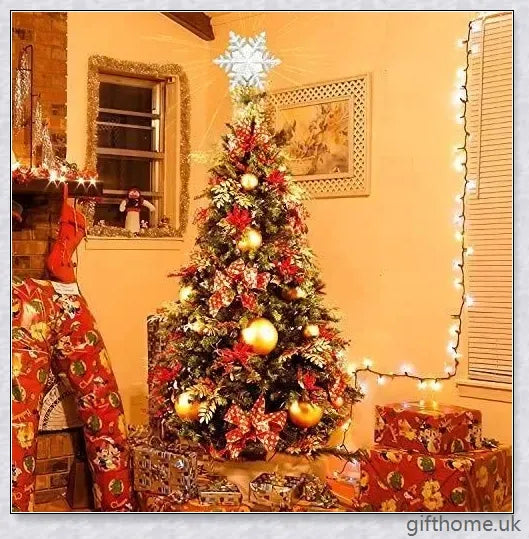 A Christmas tree topper with a 3D star design, flashing powder, and a built-in LED projector that casts rotating multicolour patterns, creating a magical winter wonderland effect.