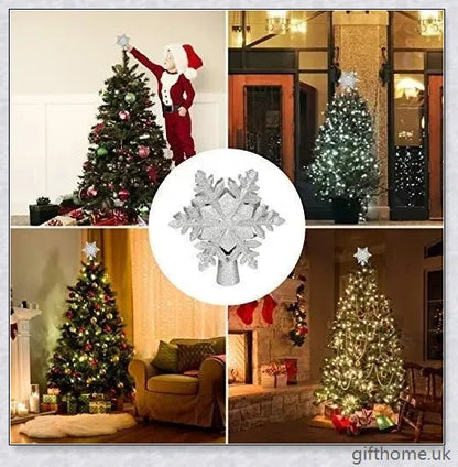 A Christmas tree topper with a 3D star design, flashing powder, and a built-in LED projector that casts rotating multicolour patterns, creating a magical winter wonderland effect.