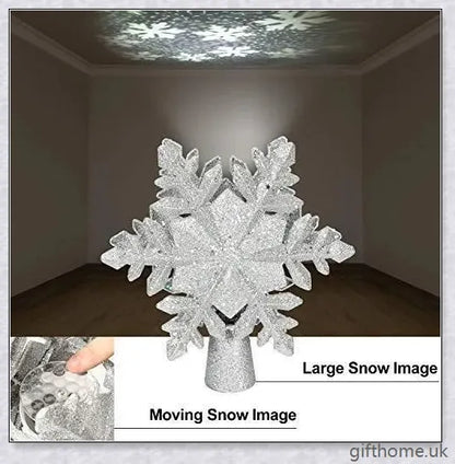 A Christmas tree topper with a 3D star design, flashing powder, and a built-in LED projector that casts rotating multicolour patterns, creating a magical winter wonderland effect.