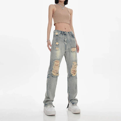 Women's high-waisted ripped straight leg jeans in a vintage blue wash
