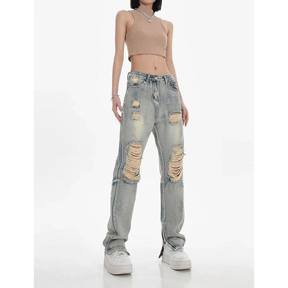 Women's high-waisted ripped straight leg jeans in a vintage blue wash