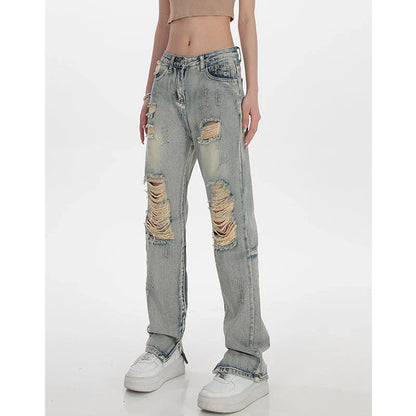 Women's high-waisted ripped straight leg jeans in a vintage blue wash