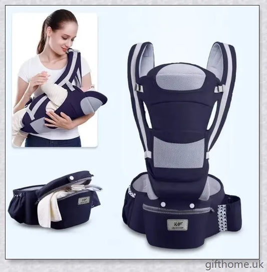 Trabyhand Baby Carrier Waist Stool in grey, navy blue, and beige colours, featuring a versatile design for comfortable, hands-free baby transport.