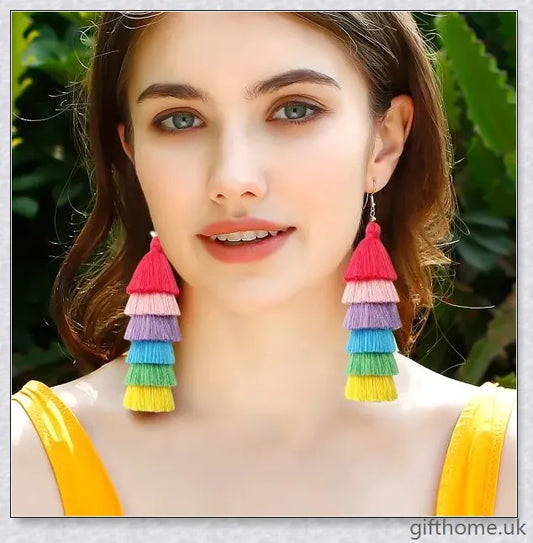 Pair of vibrant, hand-woven tassel earrings in bohemian vacation style