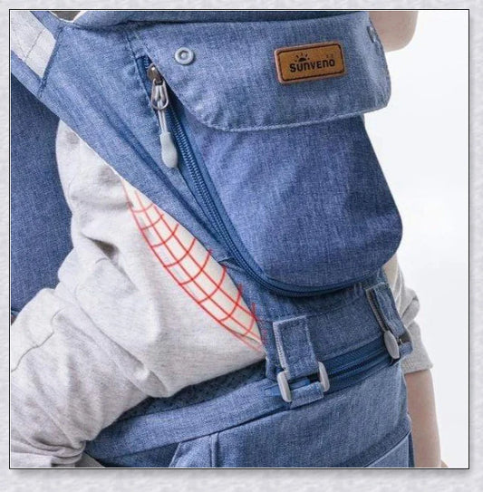 Proactive Sunveno Explorer Baby Carrier in grey, navy, and black colours with adjustable straps and breathable mesh and cotton materials