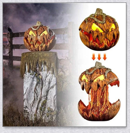 A yellow pumpkin decoration with a mouth that opens and makes spooky sounds, perfect for adding a chilling touch to your outdoor Halloween party.