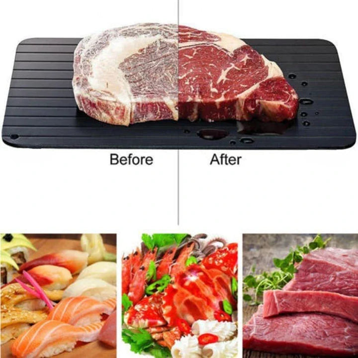 Premium aluminium fast defrosting tray for quick and even thawing of frozen foods, making meal preparation a breeze in the kitchen