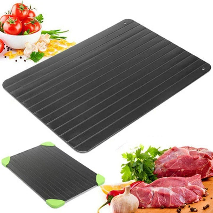 Premium aluminium fast defrosting tray for quick and even thawing of frozen foods, making meal preparation a breeze in the kitchen