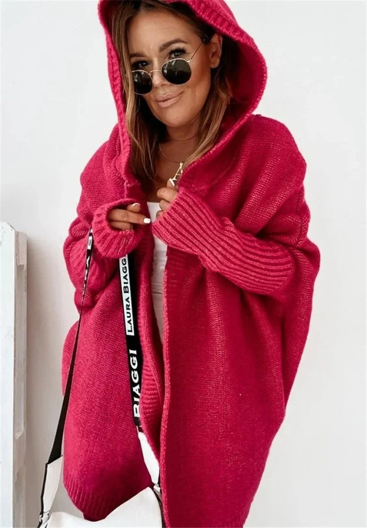 Women's bat sleeve hooded cardigan in sheep wool blend, available in multiple colours