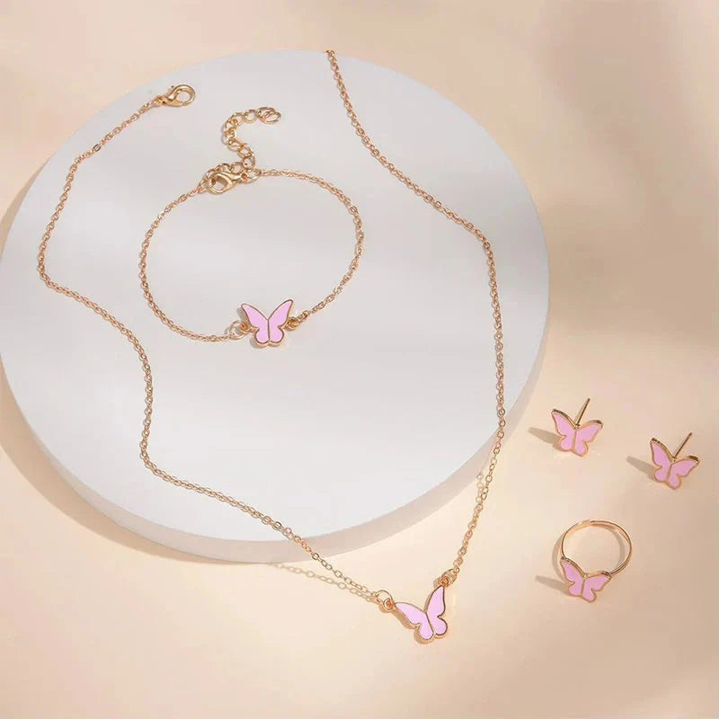 5PCS Fashion Butterfly Pendants Necklace Earrings Ring Bracelet Sets For Women
