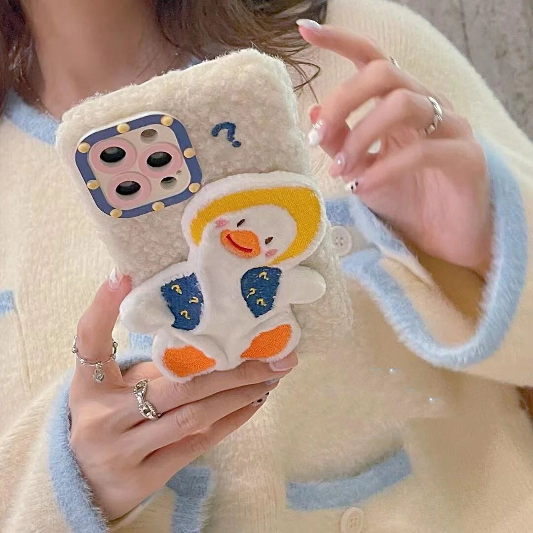 Cartoon cute question mark duck plush phone case for iPhone