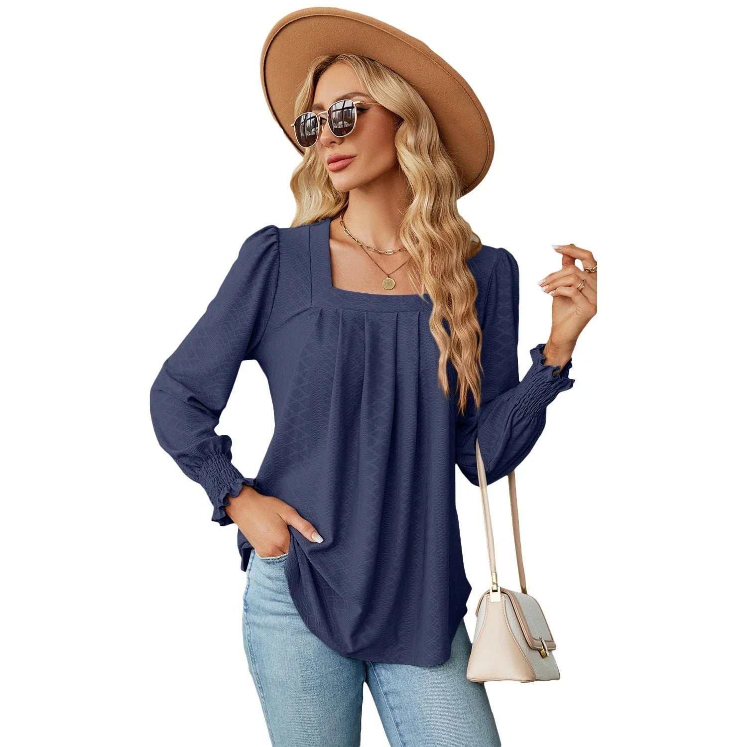 Jacquard pleated square neck T-shirt in various colours
