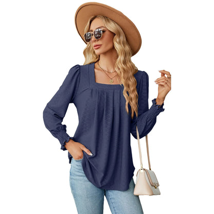 Jacquard pleated square neck T-shirt in various colours