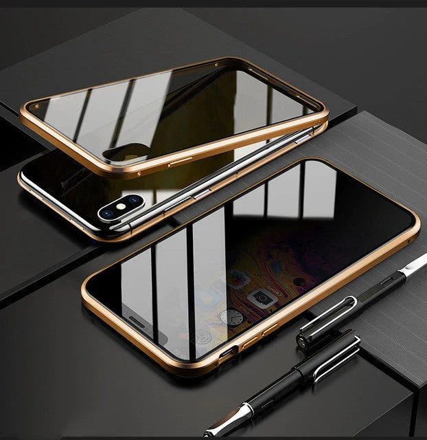 Sleek magnetic privacy phone case with tempered glass protection, compatible with various iPhone models