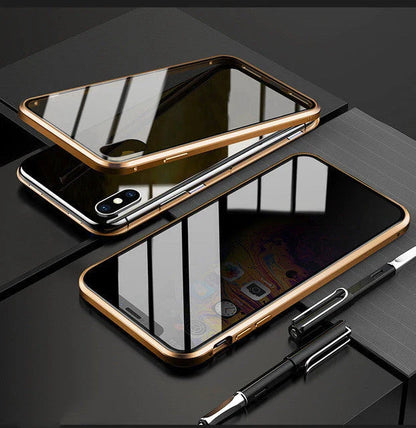 Sleek magnetic privacy phone case with tempered glass protection, compatible with various iPhone models