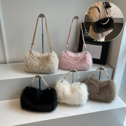 Plush pearl chain crossbody bag in various colours for autumn and winter fashion