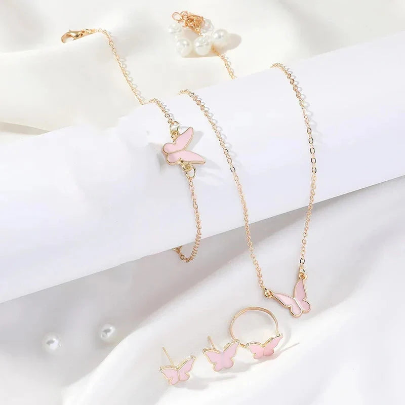 5PCS Fashion Butterfly Pendants Necklace Earrings Ring Bracelet Sets For Women