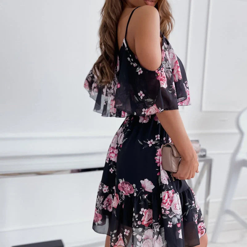 Flower printed ruffled suspender dress for women in summer