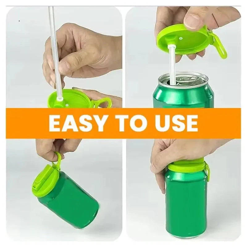 Reusable soda can lid with straw in various colours, fitting standard Coke cans