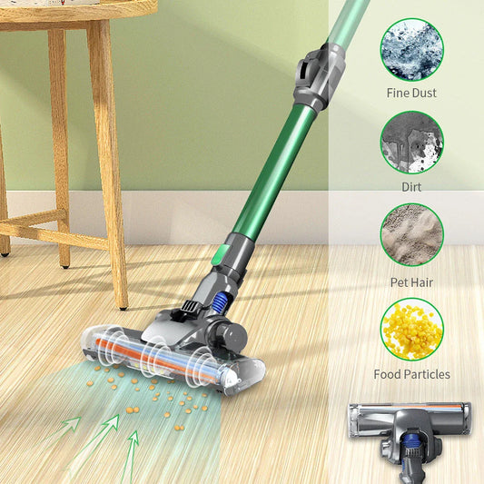 Cordless vacuum cleaner with powerful suction, foldable design, and versatile cleaning capabilities for home and car use