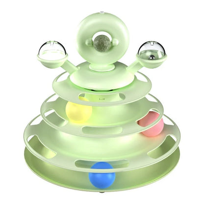 Interactive 4-level cat toy tower with turntable and roller balls in vibrant colours