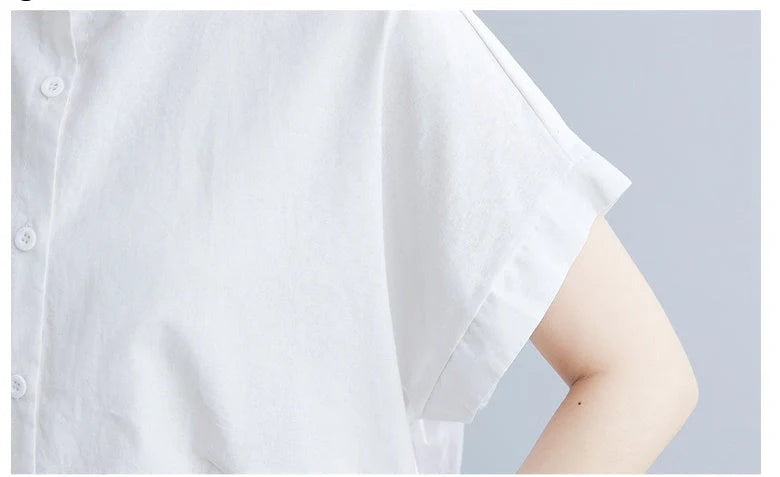 Women's cotton-linen stand collar short sleeves dress in black and white