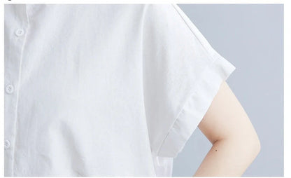 Women's cotton-linen stand collar short sleeves dress in black and white