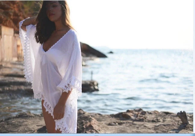 Women's cotton beach bikini lace white blouse for swimming and wading