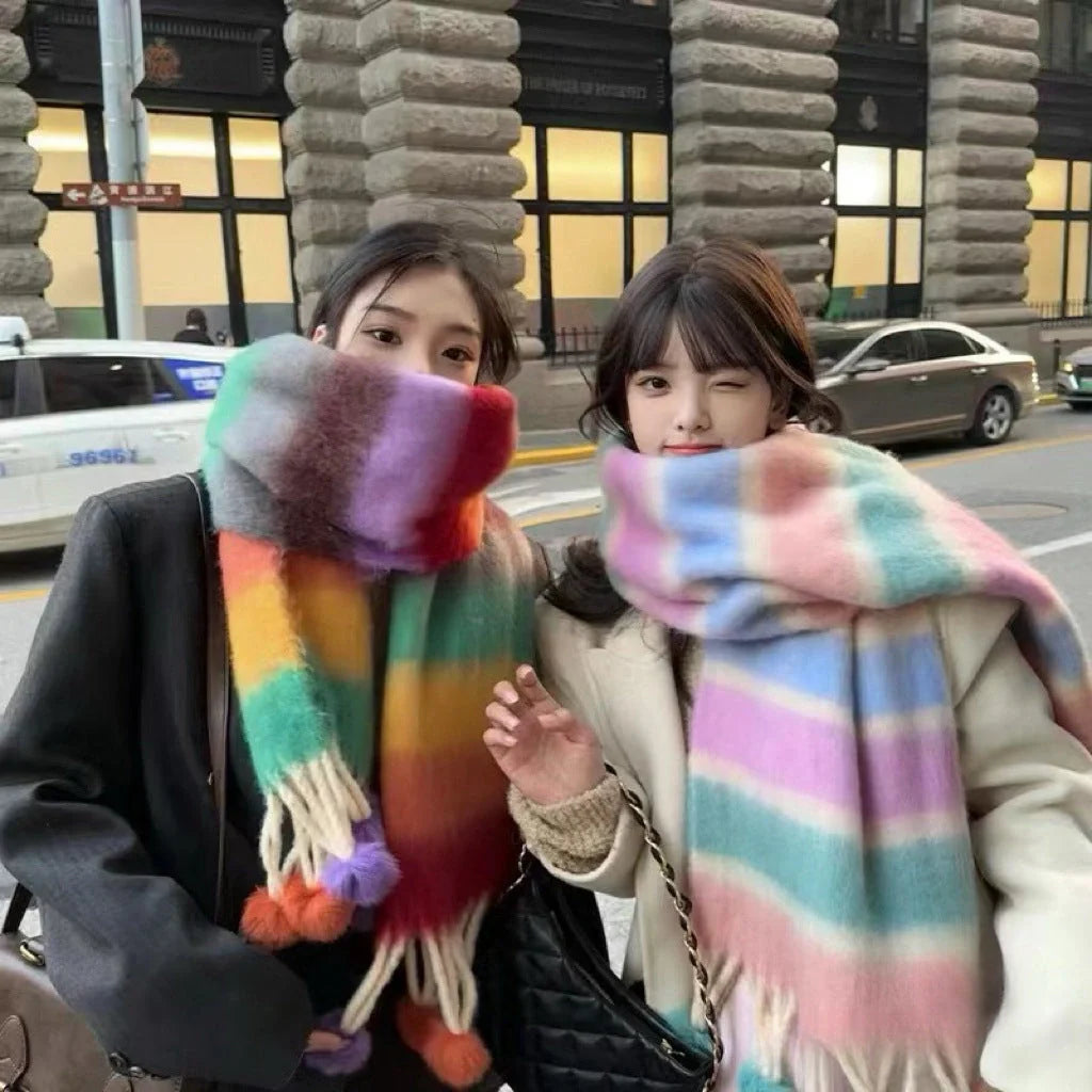 Vibrant rainbow mohair tassel scarf for warmth and style