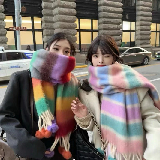 Vibrant rainbow mohair tassel scarf for warmth and style