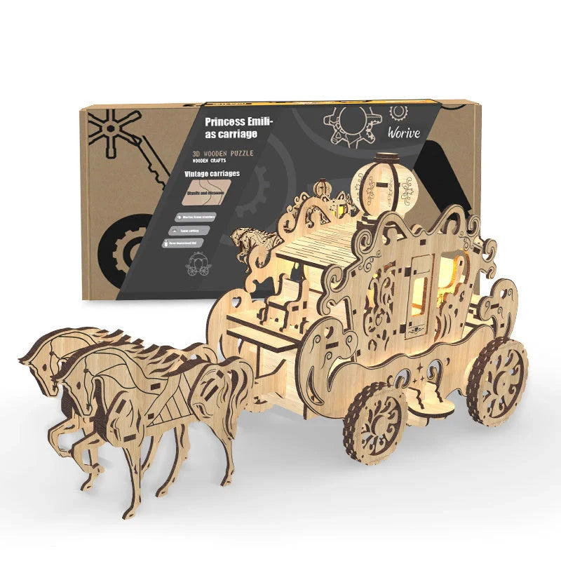 Exquisite wooden puzzle toy depicting Princess Amelia's classic carriage, showcasing British craftsmanship and timeless elegance.